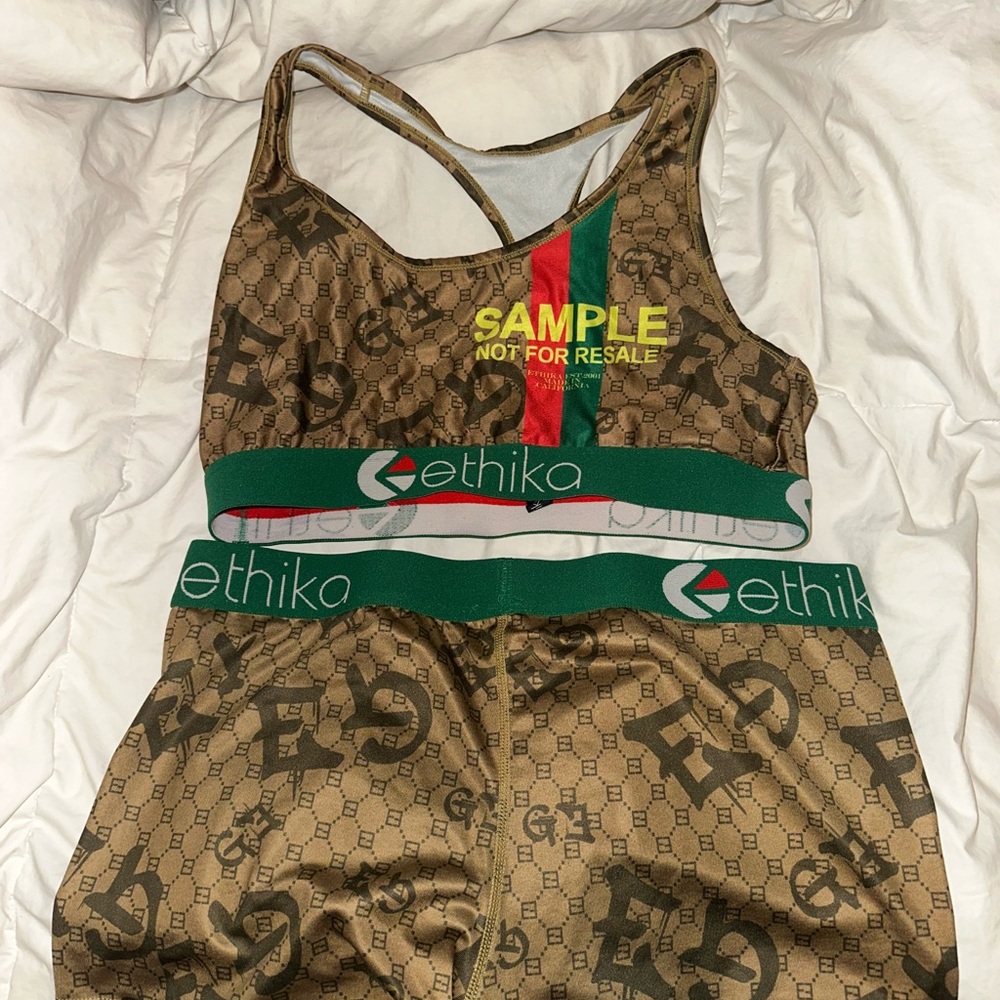 Ethika Tan Monogram Bodysuit with Green and Red Accents